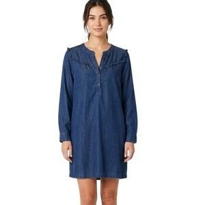 Old Navy Dress Womens S Blue Denim Lyocell Henley Ruffle Shift Mini Casual Short